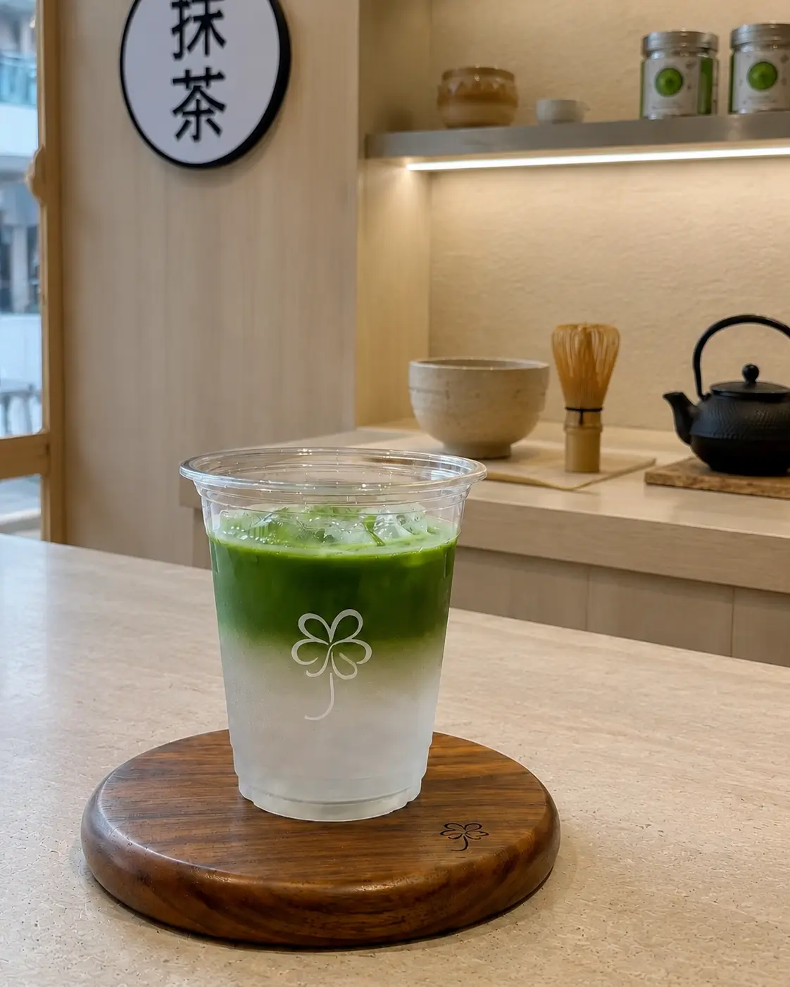 โคโคนัทมัทฉะบนชั้นน้ำมะพร้าวใสภายในร้าน URIMATCHA