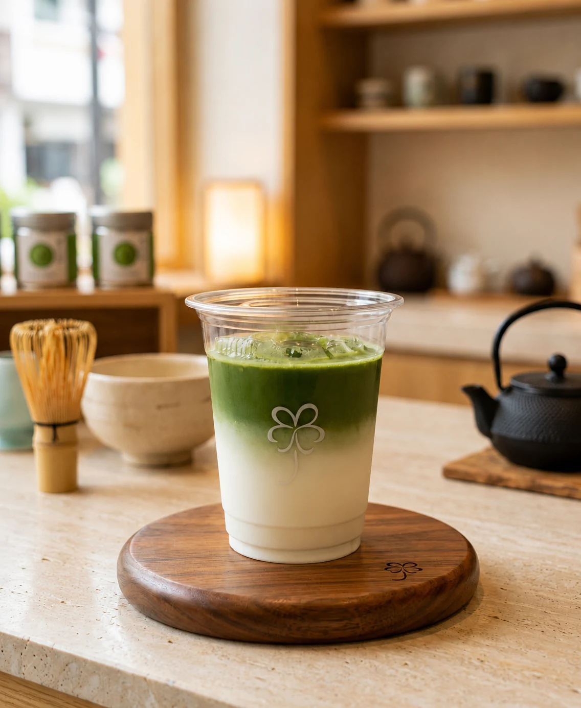 มัทฉะลาเต้ญี่ปุ่นจาก URIMATCHA บนถาดไม้ พร้อมอุปกรณ์ชงมัทฉะแบบดั้งเดิม