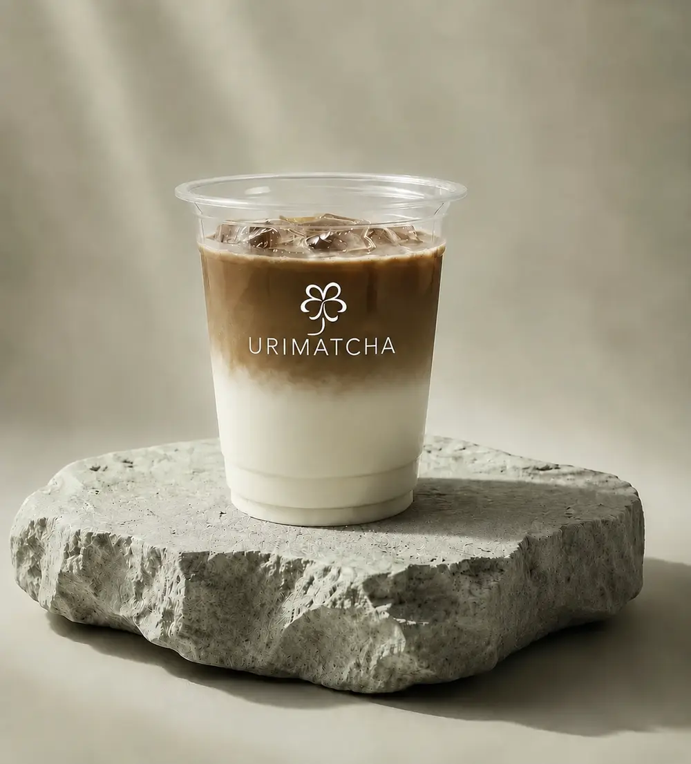 Layered iced Hojicha with roasted Japanese tea and milk