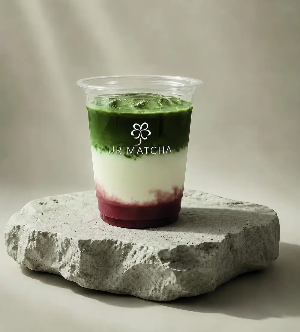 Layered Strawberry Matcha with strawberry, milk and Japanese matcha