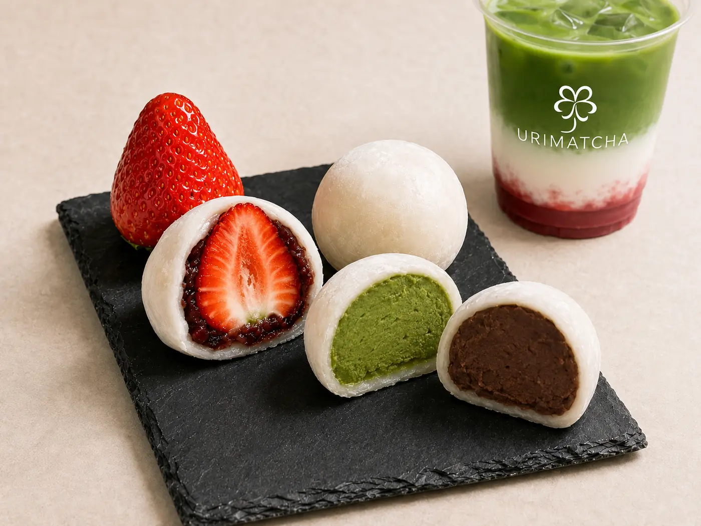 Giant Strawberry Daifuku with a choice of red bean, matcha or chocolate filling, served beside Strawberry Matcha