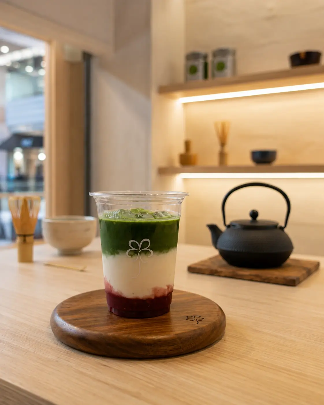 สตรอว์เบอร์รีมัทฉะภายในร้าน URIMATCHA พร้อมกาน้ำเหล็กนันบุเท็กกิ